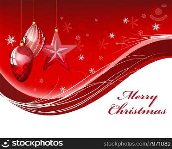 Elegant Christmas Greeting Card With Ribbons, Balls and Snowflakes on it.White Background with Text Space. Also Suitable for Ney Year Cute Design. Vector Illustration.