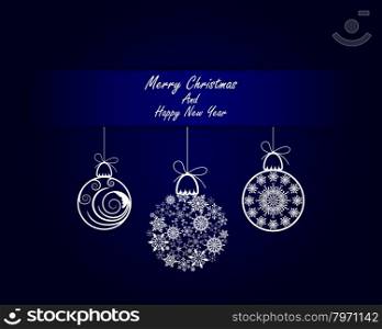Elegant Christmas Greeting Card With Ribbons, Balls and Snowflakes on it. Blue Background with Text Space. Also Suitable for Ney Year Cute Design. Vector Illustration.