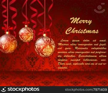 Elegant Christmas Greeting Card With Ribbons, Balls and Snowflakes on it. Damask Wallpaper Red Background with Text Space. Also Suitable for Ney Year Cute Design. Vector Illustration.