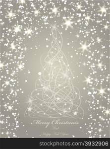 Elegant Christmas greeting card with snowflakes and fir tree on it. Sepia background with copy space. Also suitable for New Year design. Vector Illustration.