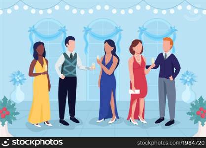 Elegant Christmas party flat color vector illustration. Social gathering for festive holidays. Fancy event. People in formal dresses and suits 2D cartoon characters with interior on background. Elegant Christmas party flat color vector illustration