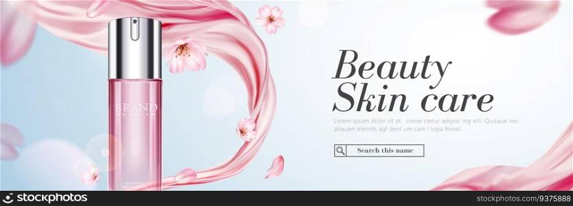 Elegant cosmetic ad with spray bottle on blue sky background, chiffon fabric and cherry blossoms flying in the air, 3d illustration. Spray bottle with chiffon and petal