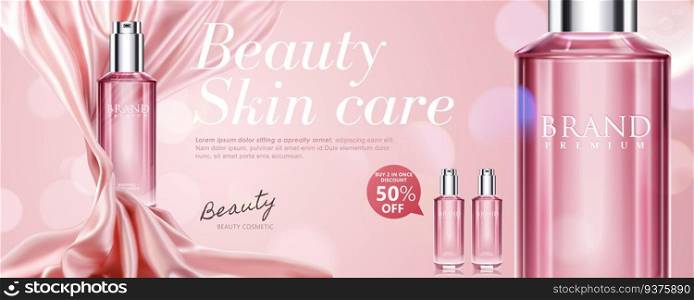 Elegant cosmetic ad with spray bottle on glitter pink background, chiffon fabric in 3d illustration. Elegant cosmetic ad
