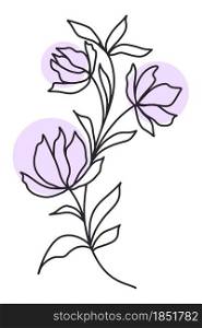 Elegant delicate flower line art, vector illustration. Branch with flowers and leaves, simple lines. Minimalistic floral botanical template. Hand drawing, sketch for tattoo or decoration.. Elegant delicate flower line art, vector illustration.