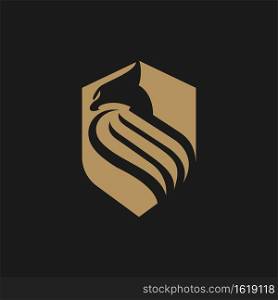 Elegant Eagle Logo Design Combined with Golden Shield Element. Isolated on Black Background.