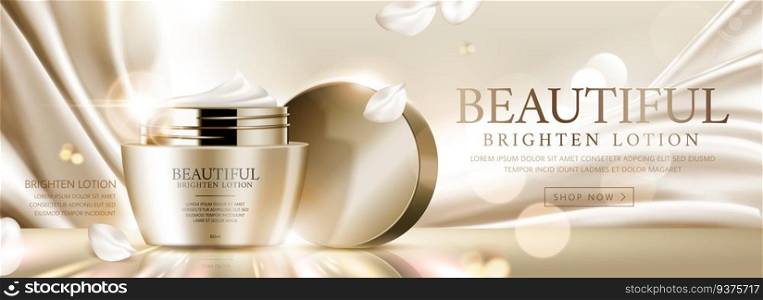 Elegant face cream banner ads on golden satin and glittering background, 3d illustration. Elegant face cream banner ads