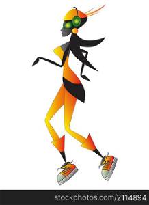 Elegant fashion jogging woman wearing cool sneakers and orange suit. Vector illustration.