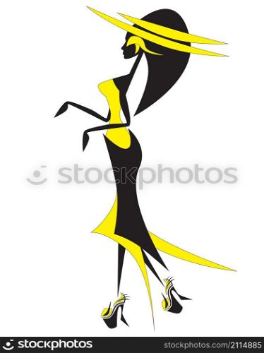 Elegant fashion mysterious woman wearing long black yellow dress, large hat and high heels. Vector artistic illustration.
