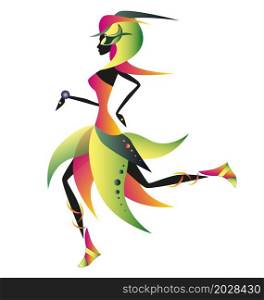 Elegant fashion woman wearing colourful dress is dancing. Vector artistic illustration.