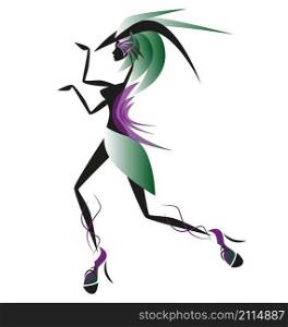 Elegant fashion woman wearing green skirt and high heels is dancing. Vector artistic illustration.