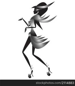 Elegant fashion woman wearing silver dress and high heels is dancing. Vector artistic illustration.