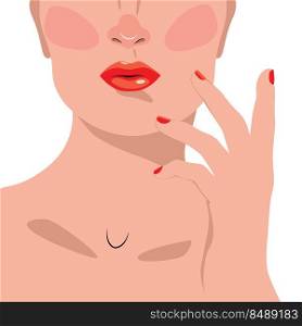 Elegant female face red lips and nails minimalist design illustration.