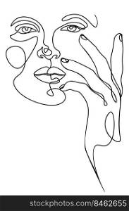Elegant female face with hand, abstract contemporary portrait line art illustration.