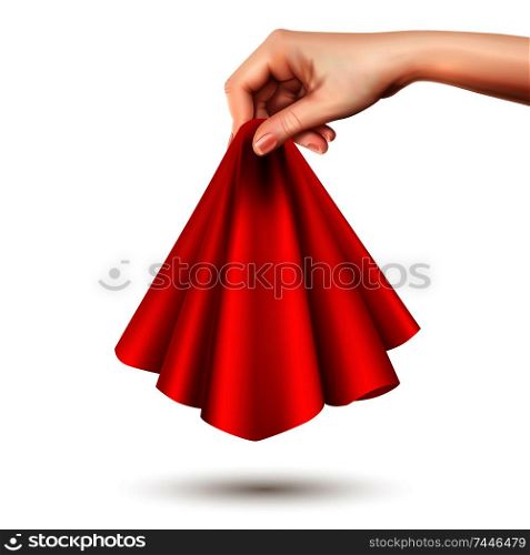 Elegant female hand raising red silk round draped silk cloth holding it center realistic image vector illustration
