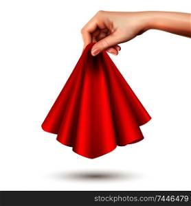 Elegant female hand raising red silk round draped silk cloth holding it center realistic image vector illustration