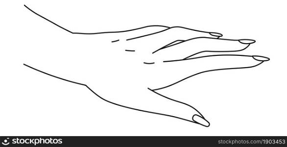Elegant female hand with manicured fingers and tender palm, isolated line art. Simple and minimal shape, beauty studio or salon logotype. Communication with gestures signs. Vector in flat style. Hand design, female palm and manicured fingers