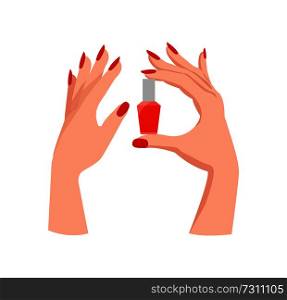 Elegant female hands with bright red manicure hold small bottle of gel nail polish isolated cartoon flat vector illustration on white background.. Elegant Female Hands with Bright Red Manicure