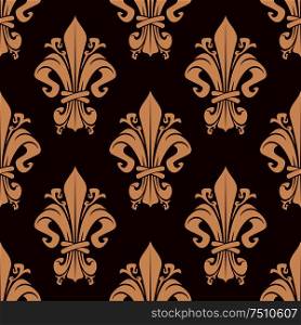 Elegant fleur-de-lis floral pattern with curly vintage elements on brown background, for luxury interior or textile design. Brown vintage fleur-de-lis floral pattern