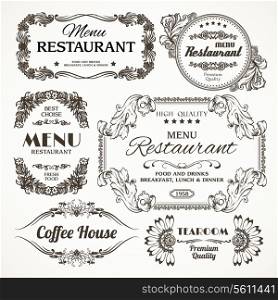 Elegant floral calligraphy retro style decoration restaurant menu labels set isolated vector illustration