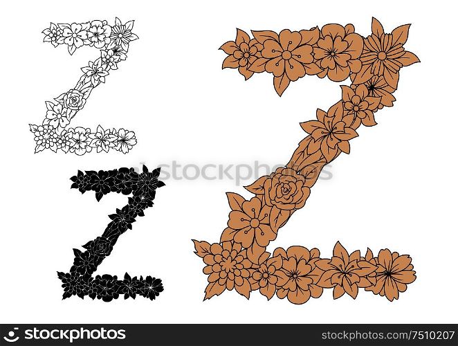 Elegant floral font capital letter Z in pastel brown, colorless and black variations with decorative flowers and foliage. For vintage monogram and initials design. Vintage elegant floral capital letter Z