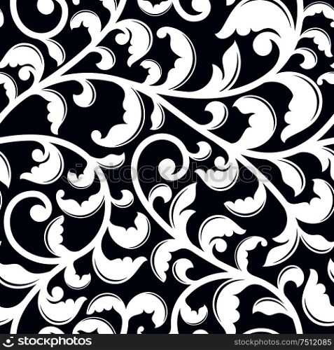 Elegant floral seamless pattern of curved white flourishes with foliage and swirls on dark blue background, for interior wallpaper or textile design. Elegant seamless pattern with white foliage