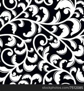 Elegant floral seamless pattern of curved white flourishes with foliage and swirls on dark blue background, for interior wallpaper or textile design. Elegant seamless pattern with white foliage
