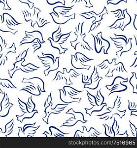 Elegant flying birds seamless pattern with blue outlined silhouettes of soaring doves over white background. Use as dove of peace, religion, love and hope concept design. Seamless flying doves of peace pattern