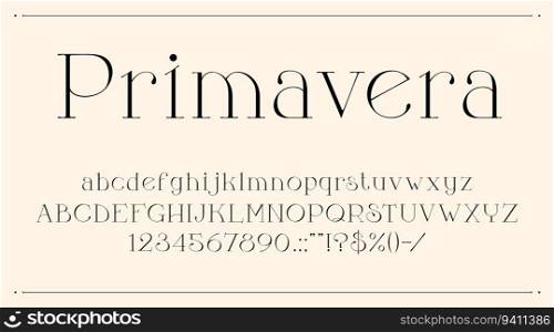 Elegant font or glamour type, luxury typeface and royal alphabet, vector typeset letters and numbers. Modern elegant typography font for wedding or fashion glamour text, minimal vintage line typeface. Elegant font, glamour type, luxury royal typeface