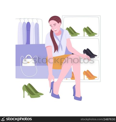 Elegant footwear isolated cartoon vector illustrations. Woman choosing elegant shoes in shopping mall, buying clothes and accessories process, consumerism, fashion boutique vector cartoon.. Elegant footwear isolated cartoon vector illustrations.