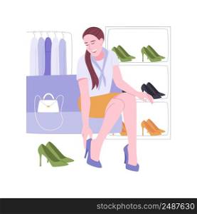 Elegant footwear isolated cartoon vector illustrations. Woman choosing elegant shoes in shopping mall, buying clothes and accessories process, consumerism, fashion boutique vector cartoon.. Elegant footwear isolated cartoon vector illustrations.