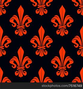 Elegant french fleur-de-lis seamless pattern with orange foliage compositions of tied leaf scrolls on dark blue background. Heraldry and monarchy, history or interior themes. Orange royal french seamless pattern