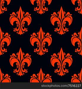 Elegant french seamless fleur-de-lis heraldic pattern for classic interior design or medieval theme with orange lily flowers on dark blue background. Elegant french seamless fleur-de-lis pattern