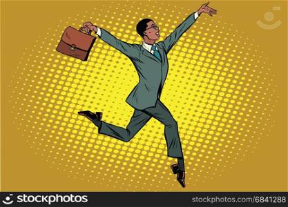 Elegant funny African businessman with briefcase running on tiptoe. Pop art retro vector illustration. Elegant funny African businessman with briefcase running on tipt