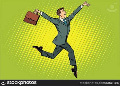 Elegant funny businessman with briefcase running on tiptoe. Pop art retro vector illustration. Elegant funny businessman with briefcase running on tipt