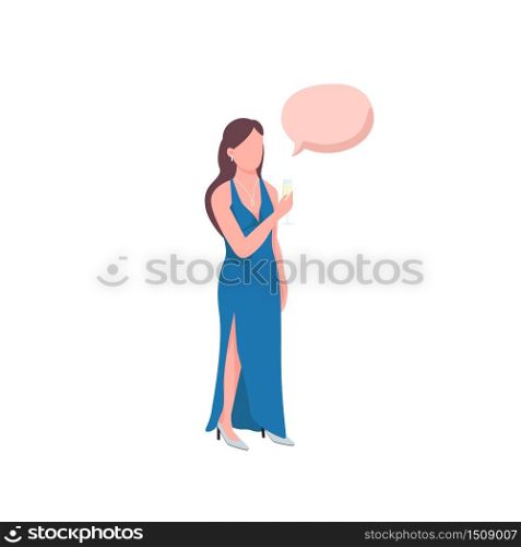 Elegant girl flat color vector faceless character. Woman in luxury dress on event with champagne. Person with speech bubble isolated cartoon illustration for web graphic design and animation