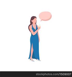 Elegant girl flat color vector faceless character. Woman in luxury dress on event with champagne. Person with speech bubble isolated cartoon illustration for web graphic design and animation