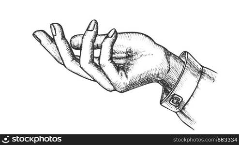 Elegant Girl Hand Gesture Open Palm Vintage Vector. Reaches Out, Asking Or Help Communication Gesture. Female Gesturing Black And White Designed In Retro Style Closeup Cartoon Illustration. Elegant Girl Hand Gesture Open Palm Vintage Vector