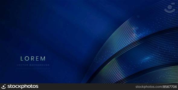 Elegant glowing curved lines on dark blue background with lighting effect and sparkle with copy space for text. Template premium award design. Vector illustration