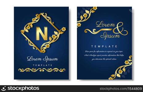 Elegant gold floral wedding invitation layout, on Blue color background design