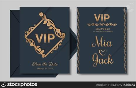 Elegant gold floral wedding invitation layout, on Gray color background design