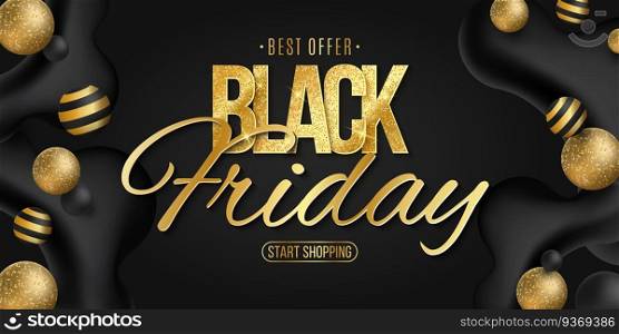 Elegant golden glittering lettering for Black Friday sale. Commercial discount business event. Liquid dynamic shapes with volumetric balls. Vector illustration. EPS 10. Elegant golden glittering lettering for Black Friday sale. Commercial discount business event. Liquid dynamic shapes with volumetric balls. Vector illustration