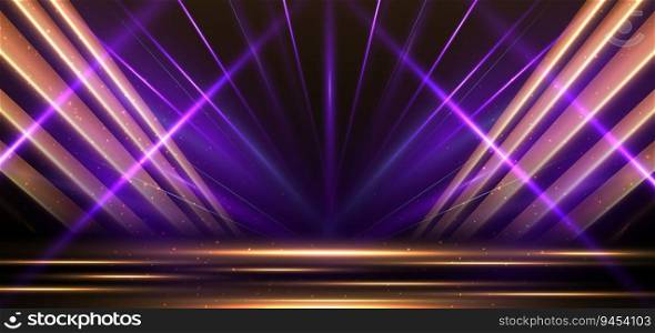 Elegant golden scene diagonal glowing with purple lighting effect sparkle on black background. Template premium award design. Vector illustration