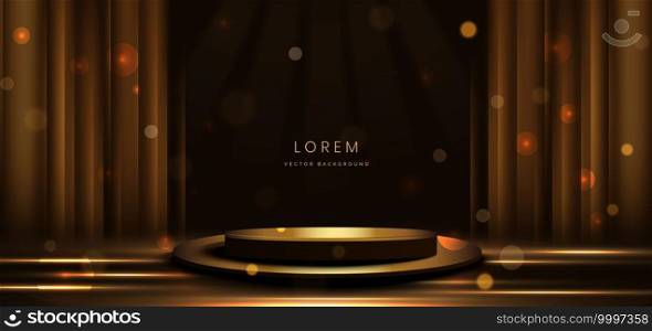 Elegant golden scene vertical glowing with lighting effect sparkle on black background. Template circle podium premium award design. Vector illustration