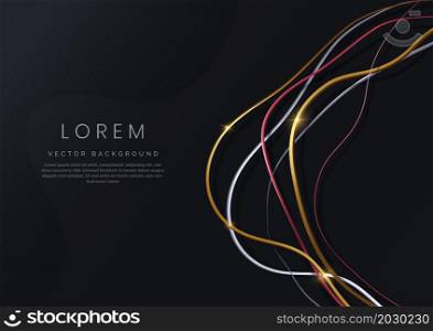 Elegant golden, silver and rose gold wavy lines with lighting effect on black background with copy space for text. Luxury concept. Vector illustration