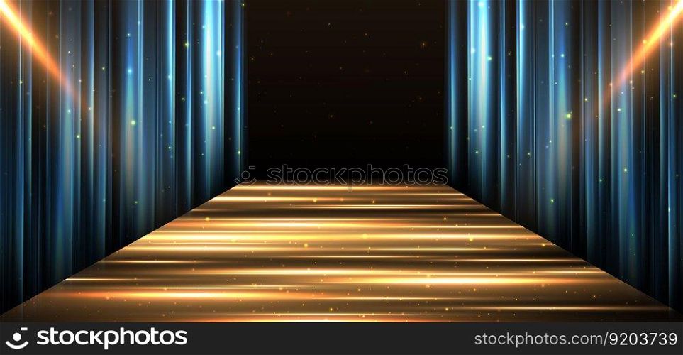 Elegant golden stage horizontal glowing with lighting effect sparkle on black background. Template premium award design. Vector illustration