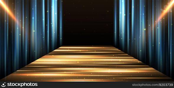 Elegant golden stage horizontal glowing with lighting effect sparkle on black background. Template premium award design. Vector illustration