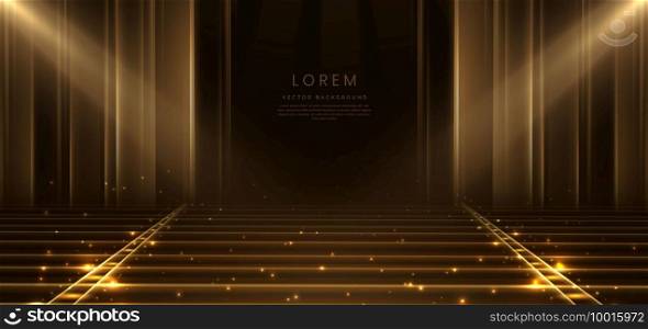 Elegant golden stage on dark brown background glowing with lighting effect sparkle. Template premium award design. Vector illustration