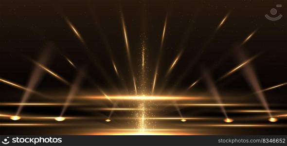 Elegant golden stage vertical glowing with lighting effect sparkle on black background. Template premium award design. Vector illustration