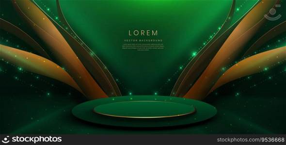 Elegant green stage background with green dot neon line and lighting effect sparkle. Empty podium show case. Luxury template award design. Vector illustration