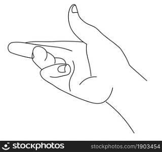 Elegant hand of male or female giving or taking sign, line art communication message with gestures and in non verbal way. Grabbing or proposing, holding, greeting or invitation. Vector in flat style. Female hand taking or giving sign gesture line